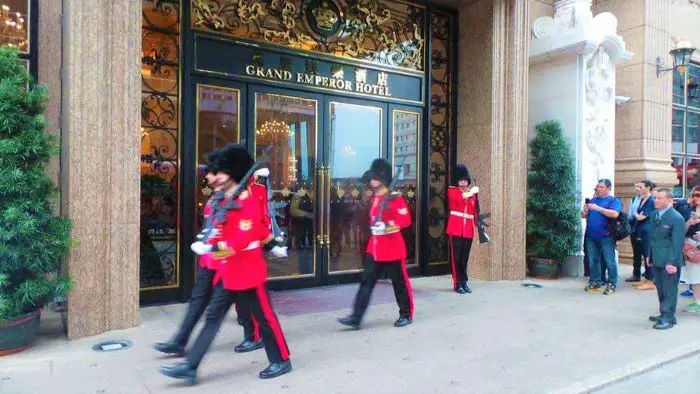 Soldiers outside of the Grand Emperor Hotel, Macau