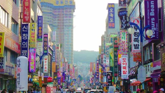 A vibrant street in Busan, South Korea