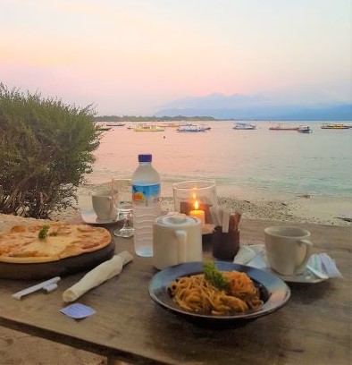 Dinner at sunset on Gili T, Indonesia