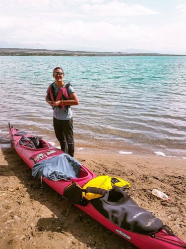 Jake getting ready to kayak on Issy-Kul Lake