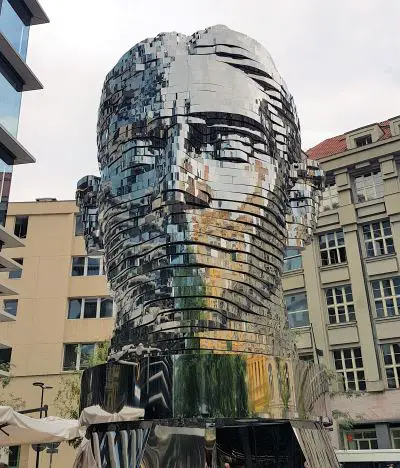 Franz Kafka moving face statue in Prague, Czech Republic