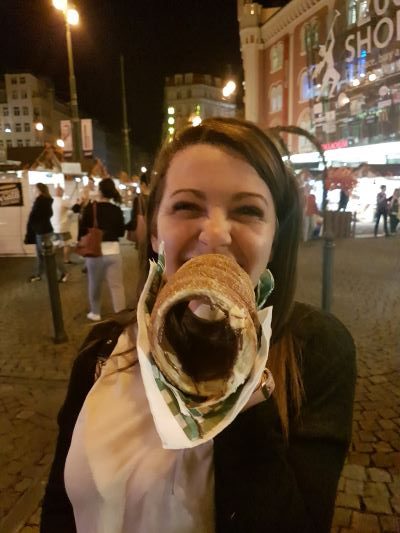 Trying trdelnik in Prague, Czech Republic