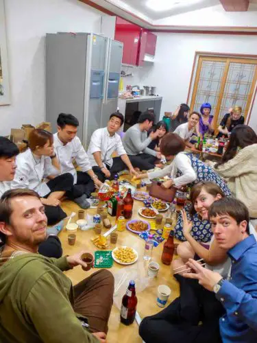 Eating on the floor at a wedding in South Korea