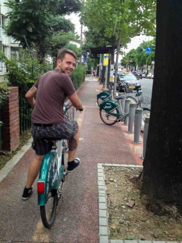 The bikes and docking station for the bike share in South Korea