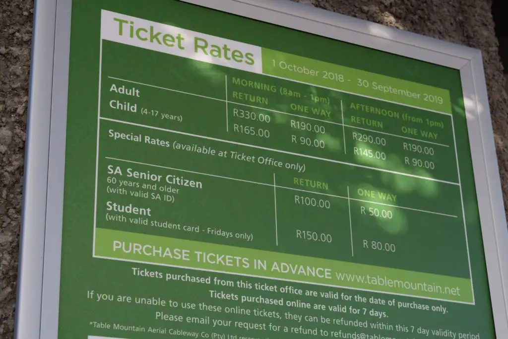 Ticket prices of Table Mountain - Cape Town, South Africa